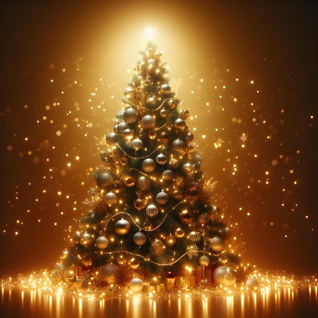 The glowing Christmas tree adorned with twinkling lights and ornaments isolated on a plain festive