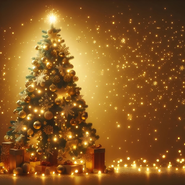 The glowing Christmas tree adorned with twinkling lights and ornaments isolated on a plain festive