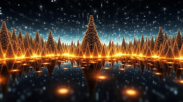 Glowing christmas trees as panorama background Generative AI