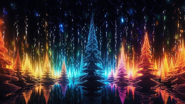 Glowing christmas trees as panorama background Generative AI