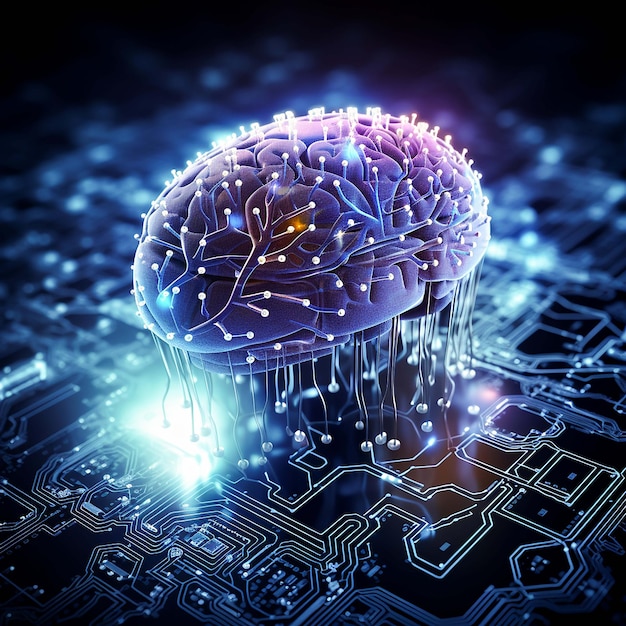 Glowing circuit board complex cyborg brain design generated by AI