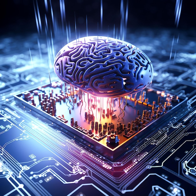 Glowing circuit board complex cyborg brain design generated by AI