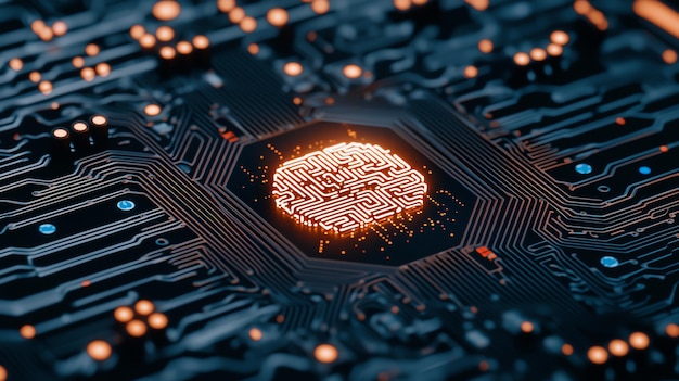 A glowing circuit board with an AIpowered brain at its center symbolizing the core of intelligent