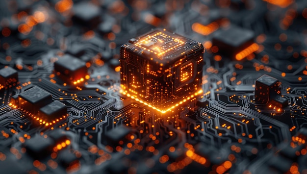 Glowing Circuitry Cube on a Motherboard