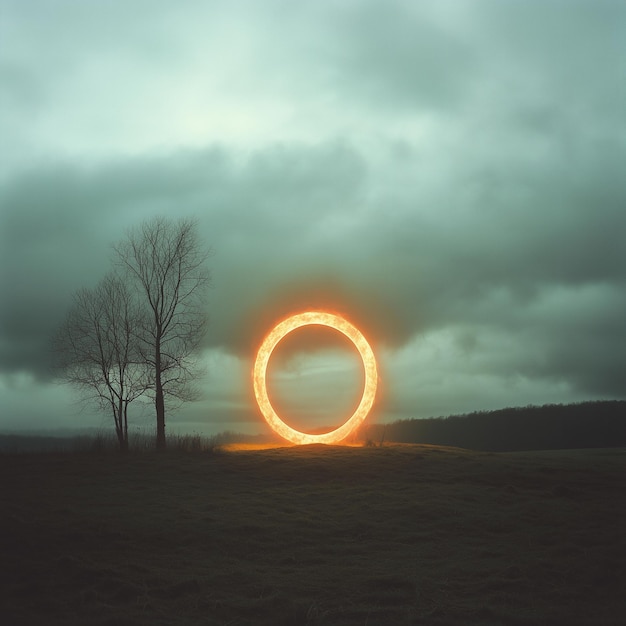 Photo a glowing circular portal in a stormy sky epic foreboding cosmic mysterious intense