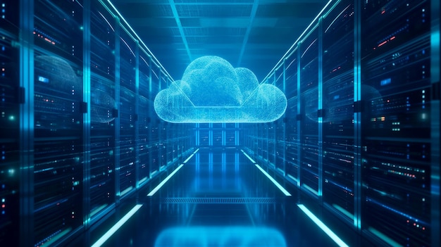 A glowing cloud icon in a futuristic server room representing the cuttingedge of cloud computing tec