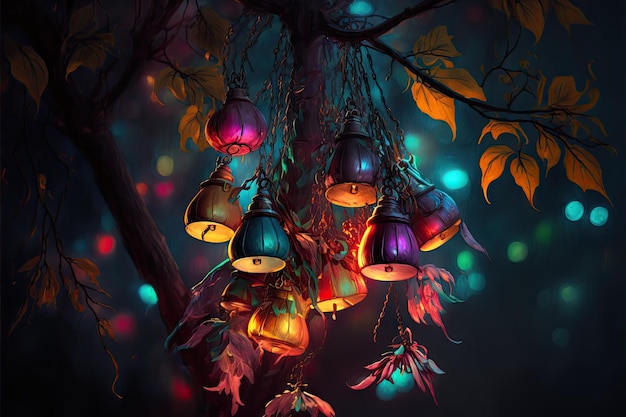 Glowing colorful bells hanging on big dark bare tree branches created with generative ai