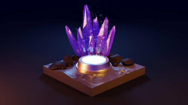 Glowing colorful crystals on a dark background on a podium 3d render