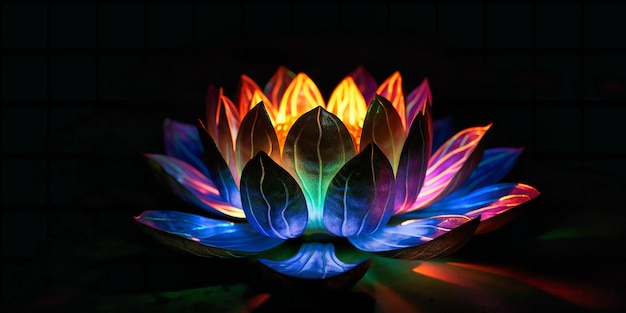 A glowing colorful lotus flower in the dark