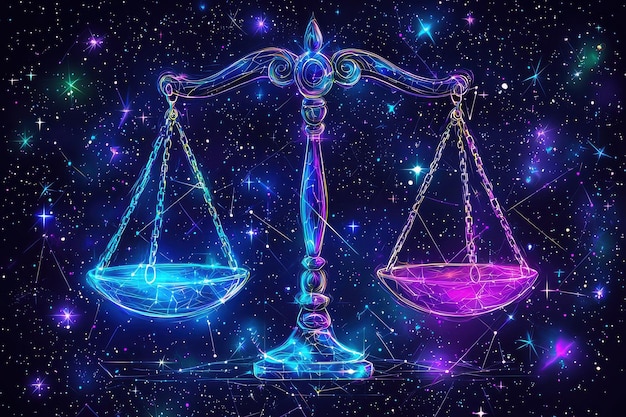 Glowing cosmic scales of justice in starry night sky