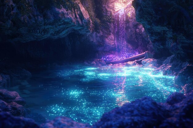 Glowing Cove of Ethereal Splendor A Fantastical Waterfall Oasis Amidst Mystical Rock Formations