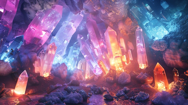 A glowing crystal cave with bright colorful crystals