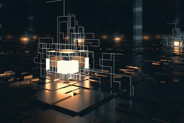 Glowing cubes with circuit lines with dark background 3d rendering