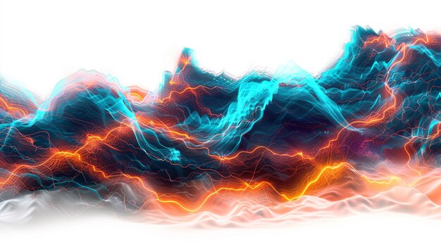 Glowing cyan neon lightning bolts weaving through vibrant orange wave formations isolated on a solid white background