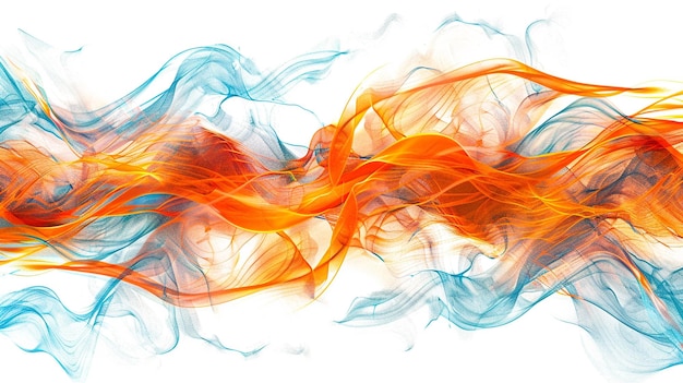 Glowing cyan neon lightning bolts weaving through vibrant orange wave formations isolated on a solid white background