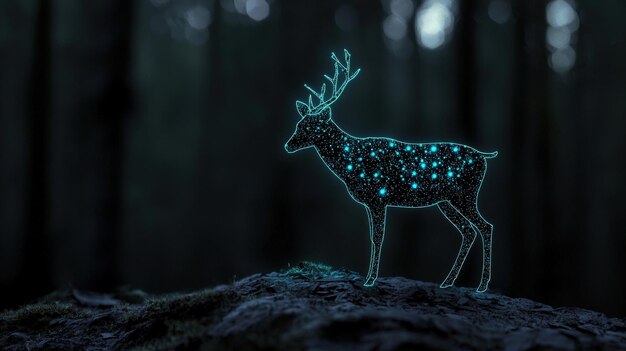 Photo a glowing deer form with blue lights stands in a dark forest creating a mystical atmosphere filled w