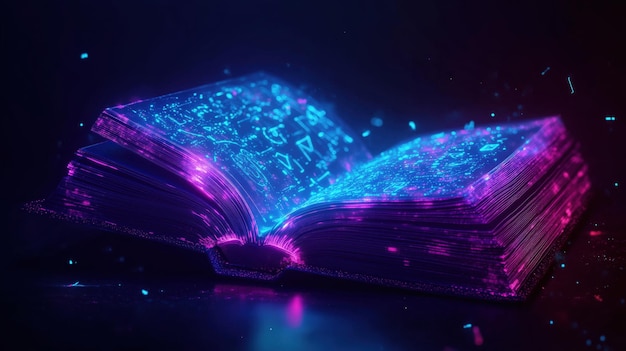 Glowing digital book with neon effects and symbols