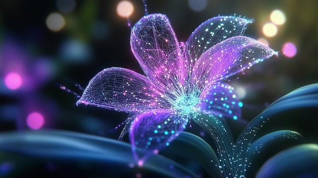 Photo glowing digital flower glowing neural networks intelligent design 4d style digital art industry