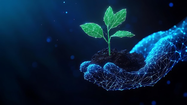 A glowing digital hand holding a small plant sprouting from soil