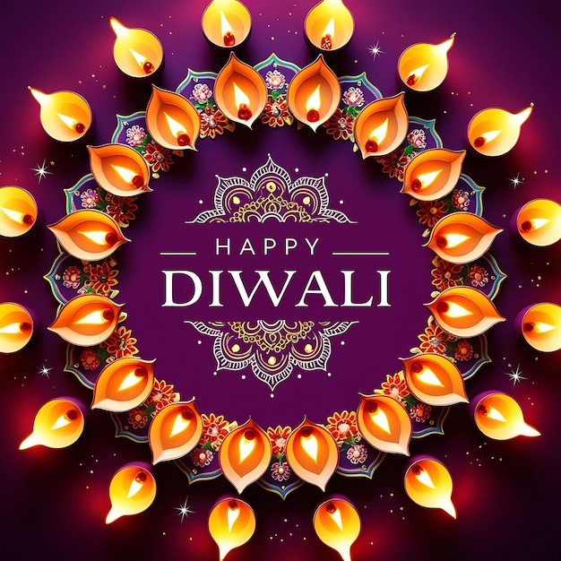 Photo glowing diyas and happy diwali text with mandalas in festive purple background