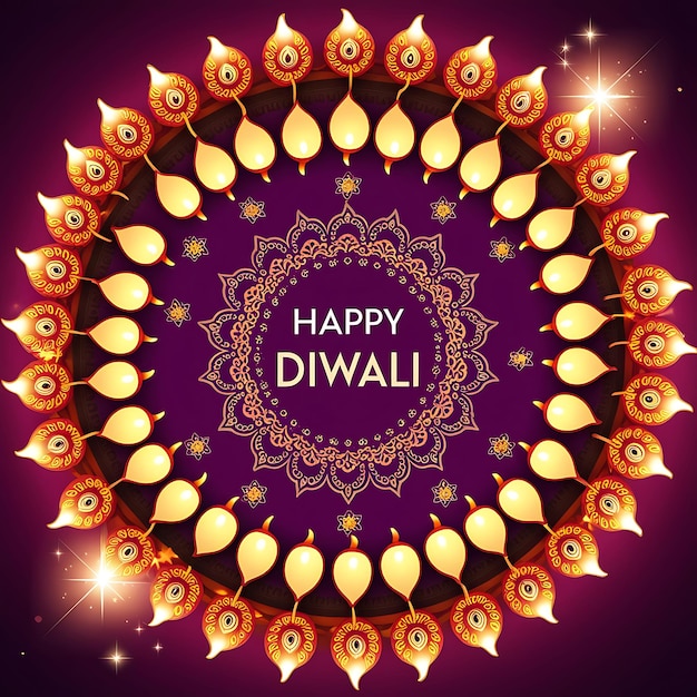 Photo glowing diyas and happy diwali text with mandalas in festive purple background