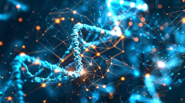 Glowing DNA Strands on Technological Background