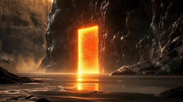 Photo glowing doorway in a dark cave representing a portal to a hidden realm and the secrets that await those brave enough to enter