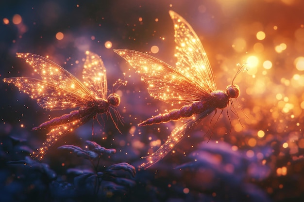 Photo glowing dragonflies in a magical forest