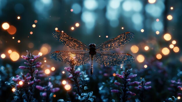 Photo glowing dragonfly in magical forest