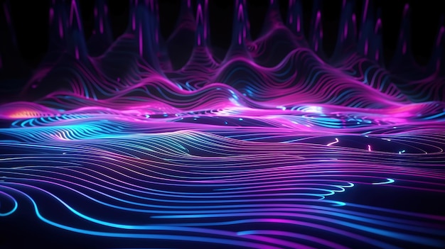 Glowing dynamic wavy lines on the floor ultraviolet spectrum Bright color Generative Ai