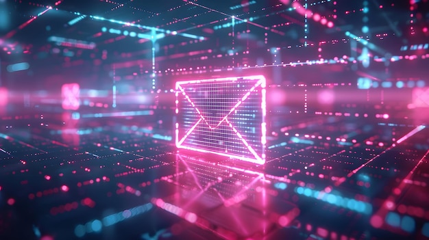 Photo a glowing e mail icon floating in the center of an abstract grid with colorful light streaks