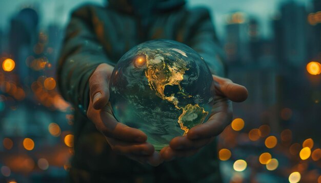 Photo glowing earth in human hands with city lights in background