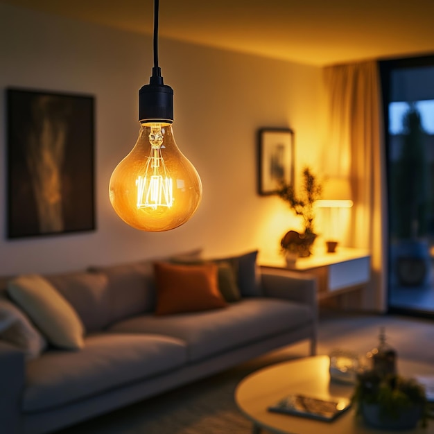 Photo a glowing edison bulb hangs in the living room casting a warm inviting glow on the sofa and coffee table