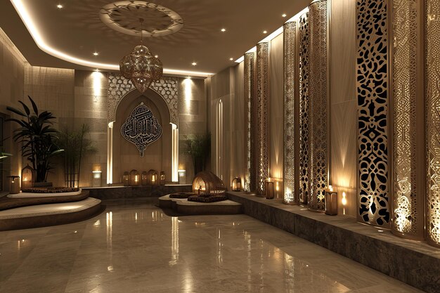 Glowing Elegance Islamic Interior Bathed in LowLight Ambiance Highlighting Ornate Details and Calligraphy