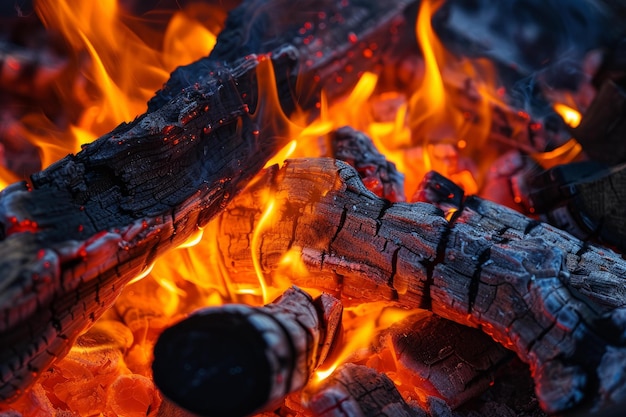 Glowing embers and flames in charcoal fire