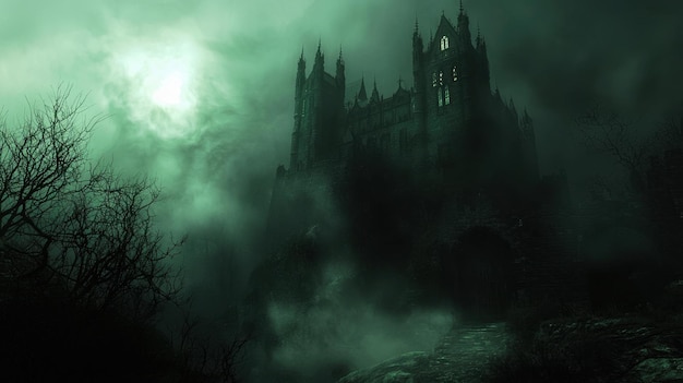 Glowing ethereal mist enveloping a haunted castle the mists spectral light creates a chilling atmosphere as it swirls around the dark imposing structure 50 keywords