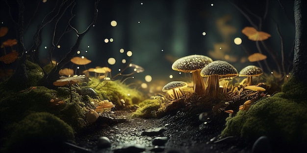 Glowing fantasy mushroom in magical enchanted fairy tale forest generative AI