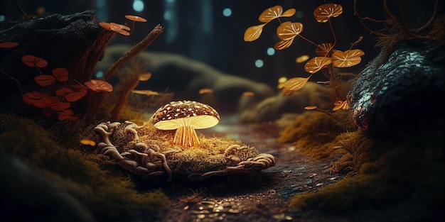 Glowing fantasy mushroom in magical enchanted fairy tale forest generative AI