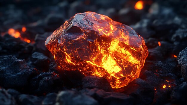 A glowing fiery rock rests on a bed of black coal