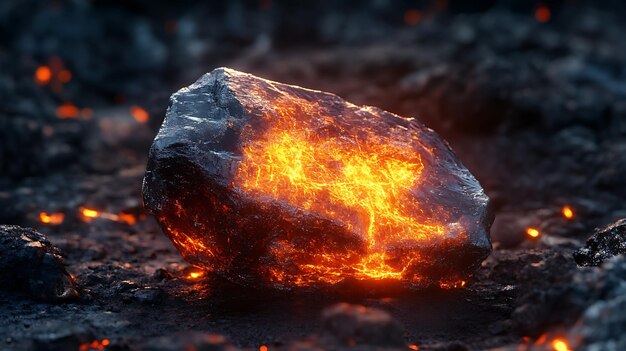 A glowing fiery rock sits on a bed of dark volcanic ash radiating heat and power