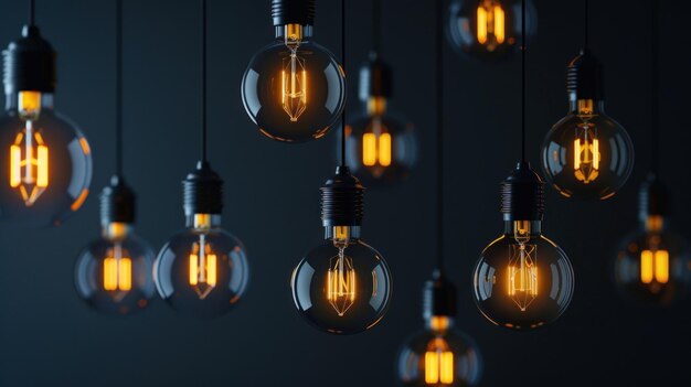 Photo glowing filament light bulbs hanging in a dark room