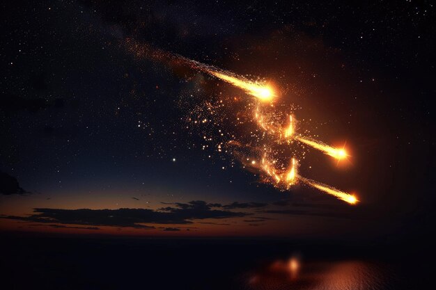 Glowing fireballs light up the dark sky as two meteorites fall