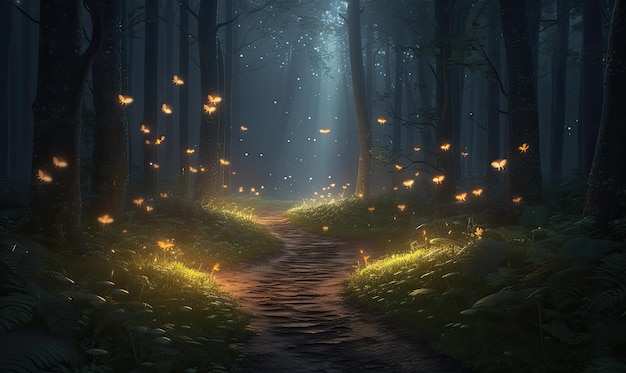 Glowing fireflies create a fairy tale forest path Creating using generative AI tools