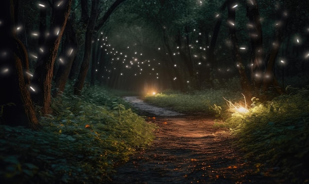 Glowing fireflies create a fairy tale forest path Creating using generative AI tools