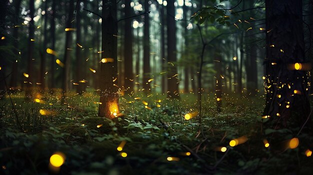 Photo glowing fireflies in a dark forest