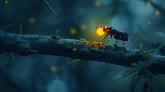 Photo a glowing firefly crawls along a branch in a dark forest