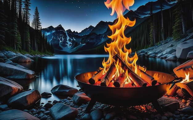 Glowing flames illuminate the dark night warming the outdoor adventure