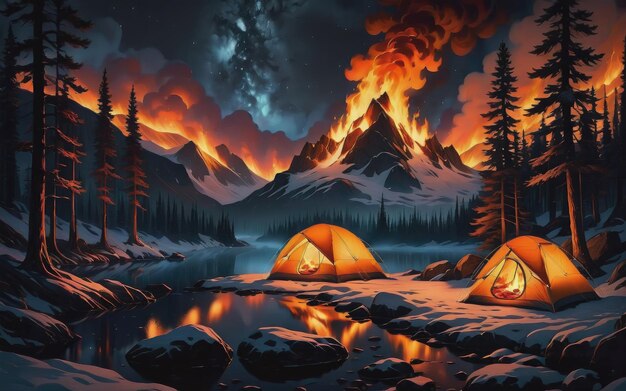 Glowing flames illuminate the dark night warming the outdoor adventure