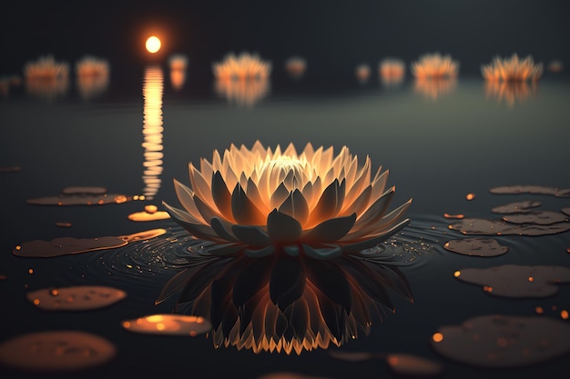 Glowing flower in the dark on the water