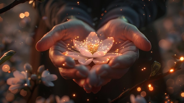 Photo glowing flower held in hands